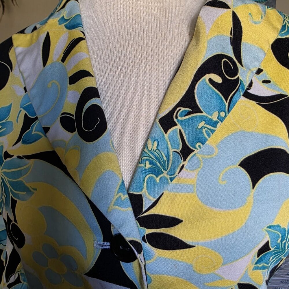 Tahari Arthur S. Levine Vintage Floral Blazer 12P Blue Yellow Botanical Cotton - Picture 8 of 16
